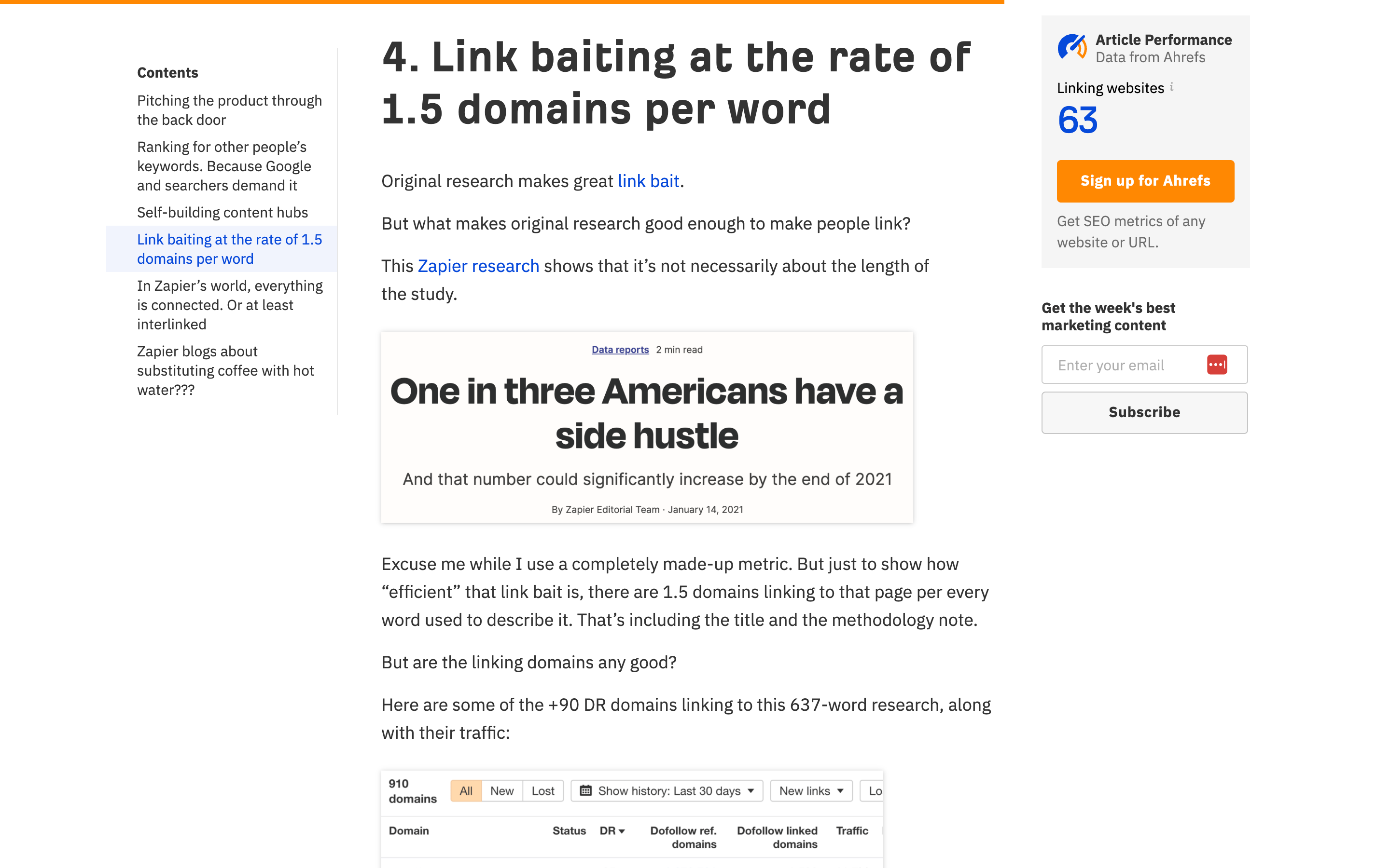 Section 4 of Ahrefs' Zapier SEO case study, 'Link baiting at the rate of 1.5 domains per word', citing one of our short-form survey hits.